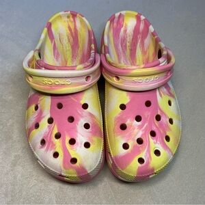 Crocs platform classic clogs EUC pink yellow lemonade marble toe-dye women’s 6